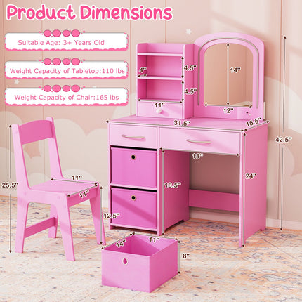 Costzon Kids Vanity Set with Lights, Princess Vanity Desk Set with 2-Color LED Lighted Acrylic Mirror