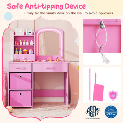 Costzon Kids Vanity Set with Lights, Princess Vanity Desk Set with 2-Color LED Lighted Acrylic Mirror