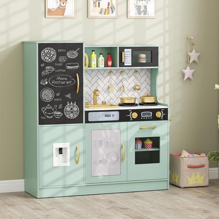 Costzon Play Kitchen for Kids, Wooden Toy Kitchen Set with Stoves, Microwave, Blackboard, Water Dispenser, Telephone