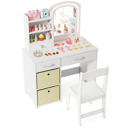 Costzon Kids Vanity Set with Lights, Princess Vanity Desk Set with 2-Color LED Lighted Acrylic Mirror