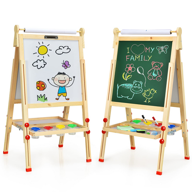 Costzon Kids Art Easel, Wooden Double-Sided Chalkboard Whiteboard w/Paper Roll (Nature)