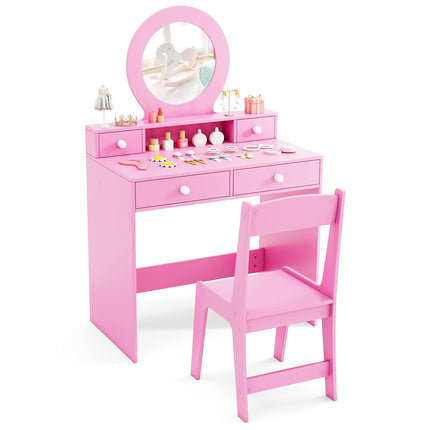 Costzon Kids Vanity, Princess Makeup Dressing Desk with Mirror and Stool, 4 Storage Drawers