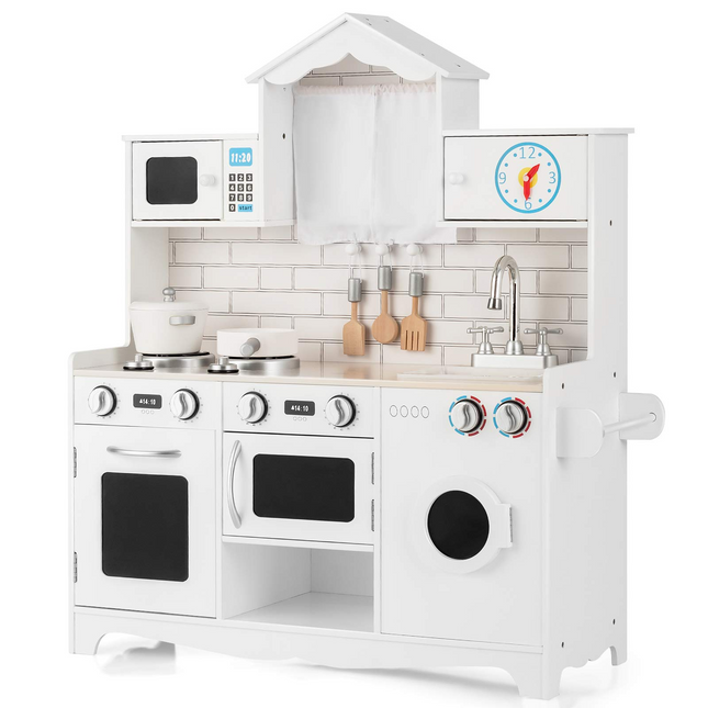 Costzon Kids Kitchen Playset, Wooden Pretend Play Toys w/ Washing Machine (White)