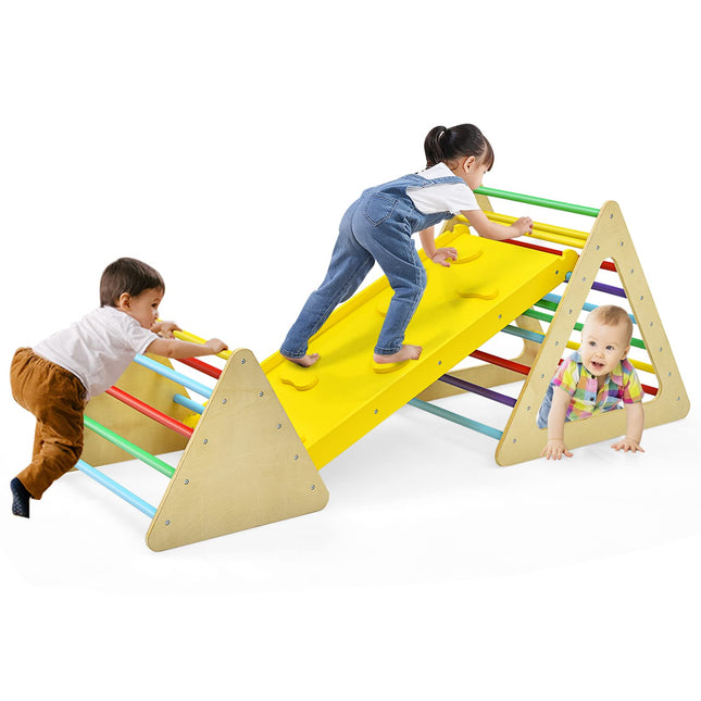 Costzon Climbing Toys for Toddlers, 3 in 1 WoodenTriangle Climber with Ramp, Multi-Combination Play Methods