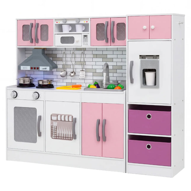 Costzon 2-Piece Kids Kitchen Playset, Wooden Play Kitchen with Water Circulation, Lights and Sounds