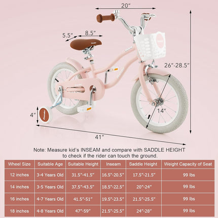 BABY JOY Kids Bike, 12 14 16 18 Inch Children's Bicycle w/Training Wheels, Double Brakes, Kids Bike for 4-8 Years Boys Girls