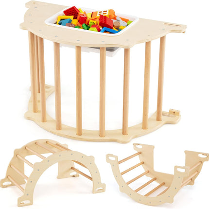 Costzon Wooden Arch Sensory Table 8 in 1 Montessori Climbing Gym with Collapsible Storage Bin