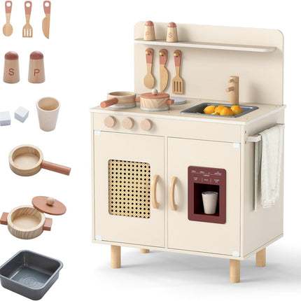 Costzon Kids Kitchen Playset | Little Chef Wooden Pretend Play Toy w/Realistic Ice Maker