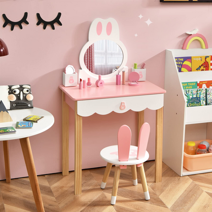 Costzon Kids Vanity Set with Mirror, 2 in 1 Princess Makeup Dressing Table w/ Detachable Top