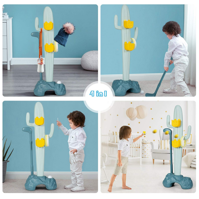 Costzon 3-in-1 Toddler Basketball Hoop & Golf Stand, Basketball Stand with Ring-Toss & Sandbag-Toss & Golf Ball