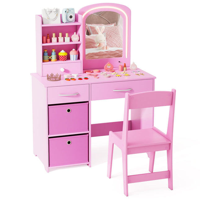 Costzon Kids Vanity Set with Lights, Princess Vanity Desk Set with 2-Color LED Lighted Acrylic Mirror