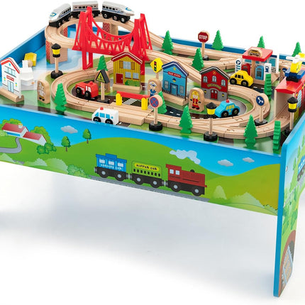 Costzon Train Table, Wood Kids Activity Table w/Storage Drawer, 100 Multicolor Pieces