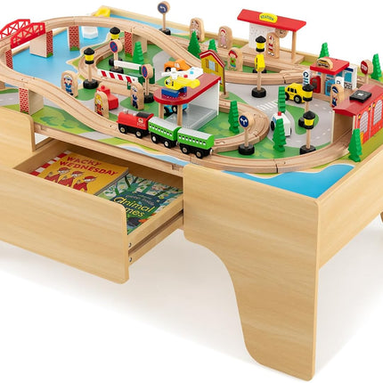 Costzon Train Table, Wood Kids Activity Table w/Storage Drawer, 100 Multicolor Pieces