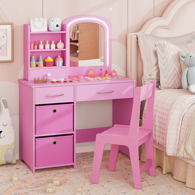 Costzon Kids Vanity Set with Lights, Princess Vanity Desk Set with 2-Color LED Lighted Acrylic Mirror