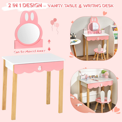 Costzon Kids Vanity Set with Mirror, 2 in 1 Princess Makeup Dressing Table w/ Detachable Top