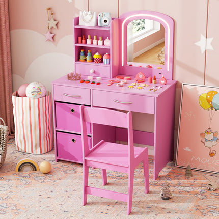 Costzon Kids Vanity Set with Lights, Princess Vanity Desk Set with 2-Color LED Lighted Acrylic Mirror