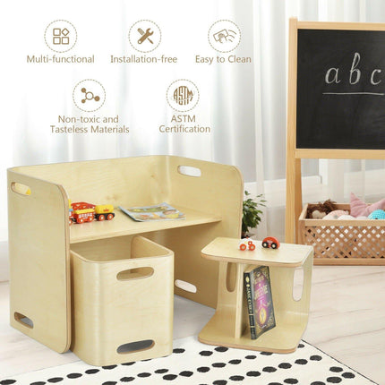 Costzon Kids Table and Chair Set, 4 in 1 Wood Activity Table, Bench, Storage Shelves - costzon