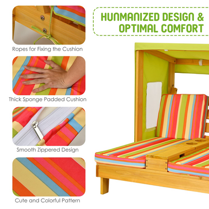 Costzon Kids Chaise Lounge, Double Seat Patio Chair w/Canopy, Cup Holders
