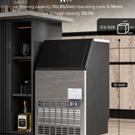 Costzon Commercial Ice Maker, Built-In Stainless Steel Ice Maker, 110LBS/24H, 33LBS Storage Capacity (Silver) - costzon