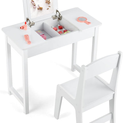 Costzon Kids Vanity, 2 in 1 Girls Vanity Set with Flip Top Mirror, Hidden Storage Space