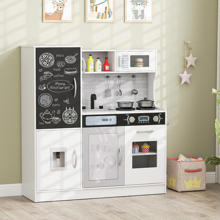 Costzon Play Kitchen for Kids, Wooden Toy Kitchen Set with Stoves, Microwave, Blackboard, Water Dispenser, Telephone