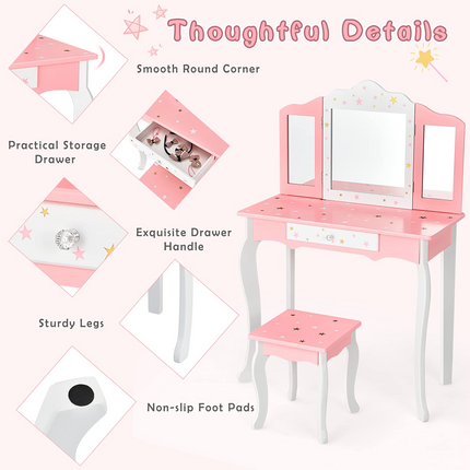 Costzon Kids Vanity Set with Mirror, 2 in 1 Princess Makeup Dressing Table w/Detachable Top