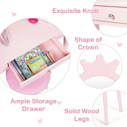Costzon Kids Vanity Set, Wooden Princess Makeup Table with Cushioned Stool (Pink) - costzon