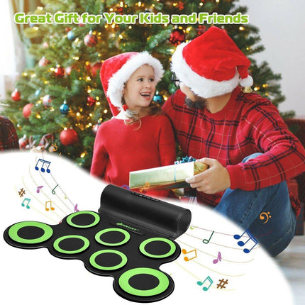 Costzon 7 Pads Electronic Drum Set, Portable Roll up MIDI Drum Practice Pad w/ Headphone (Green + Black) - costzon