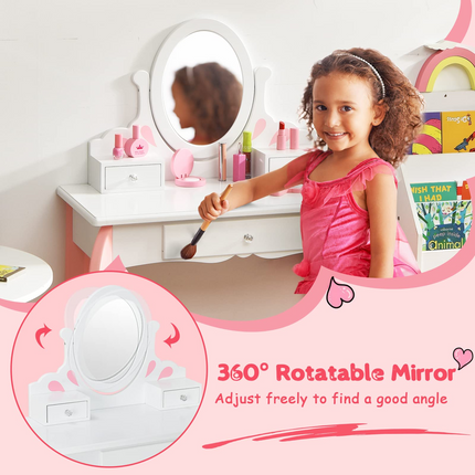 Costzon Kids Vanity Set with Mirror, 2 in 1 Princess Makeup Dressing Table w/ Detachable Top