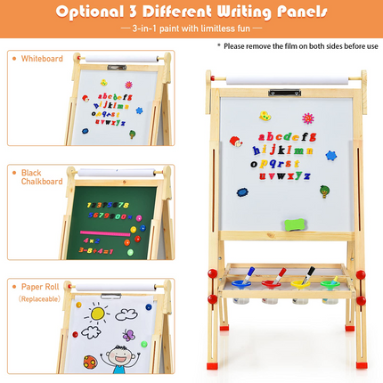 Costzon Kids Art Easel, Wooden Double-Sided Chalkboard Whiteboard w/Paper Roll (Nature)