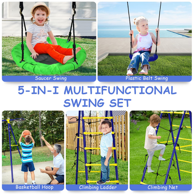 Costzon 550lbs Swing Sets for Backyard, 5 in 1 Heavy Duty Extra Large Metal Swing Frame, Outdoor Playset