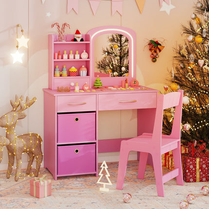 Costzon Kids Vanity Set with Lights, Princess Vanity Desk Set with 2-Color LED Lighted Acrylic Mirror