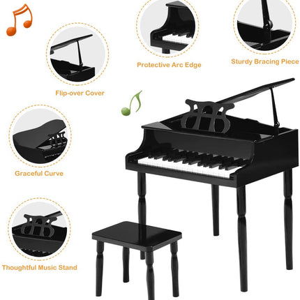 Costzon Classical Kids Piano, 30 Keys Wood Toy Grand Piano with Music Stand and Bench - costzon