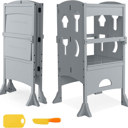 Costzon Kids Kitchen Step Stool w/Lockable Safety Rail, Folding Wooden Standing Stool