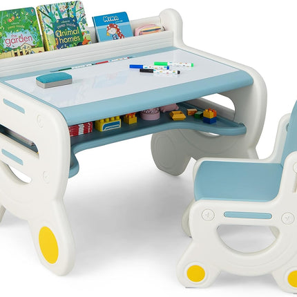 Costzon Kids Table and Chair Set, Plastic Activity Table with Watercolor Pens, Blackboard Eraser & Storage Shelf