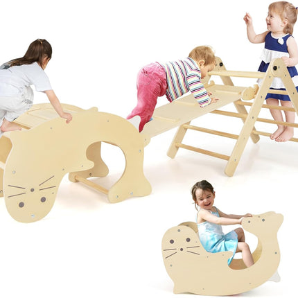 Costzon Climbing Toys for Toddlers, 7 in 1 Foldable Montessori Wooden Arch Climber Ladder with Rocker