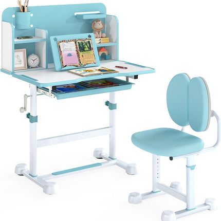 Costzon Kids Height-Adjustable Study Desk and Chair Set with Tilting Desktop