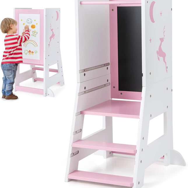 Costzon Toddler Tower, Wooden Kids Kitchen Stool Helper with Height Adjustable Platform, Safety Rail