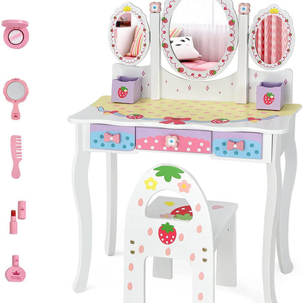 Costzon Kids Vanity Table & Chair Set, 2 in 1 Princess Makeup Dressing Table w/Detachable Top