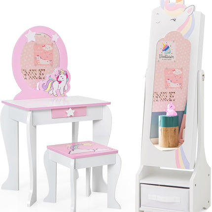 Costzon Kids Vanity & Jewelry Armoire Cabinet, Pretend Play Kids Vanity Table and Chair Set