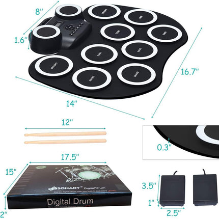 Costzon 9 Pads Electronic Drum Set with LED Light, Portable Roll up MIDI Drum Practice Pad w/Bluetooth (Black) - costzon