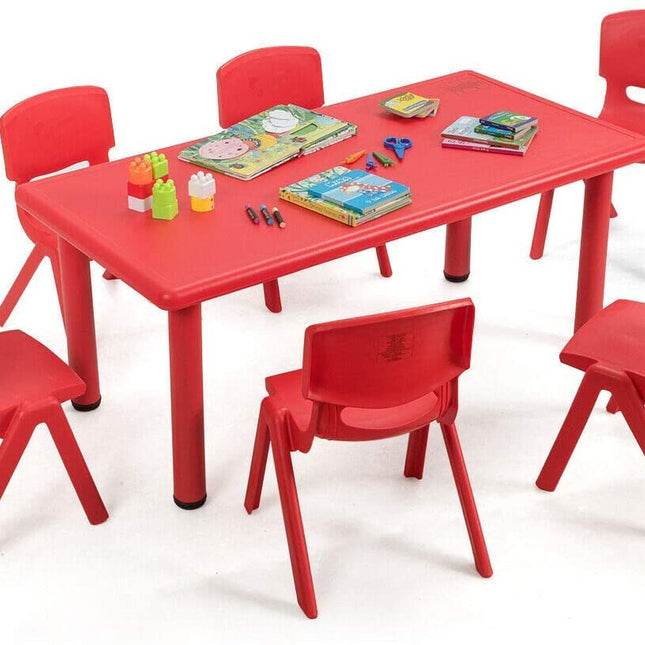 Costzon Kids Table and Chair Set, 6 Pcs Stackable Chairs, 47 x 23.5 Inch Rectangular Plastic Activity Table (Red) - costzon