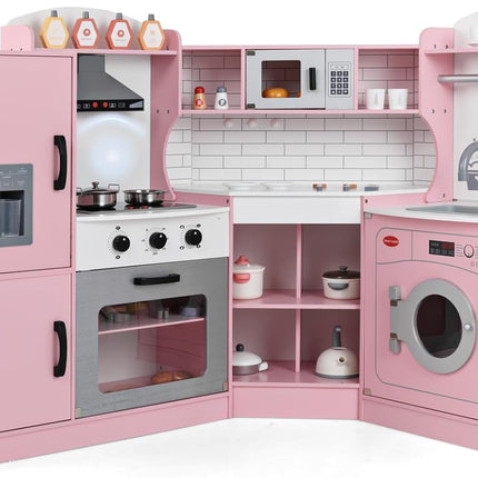 Costzon Kids Corner Kitchen Playset, Wooden Play Kitchen, Little Chef Pretend Cooking Toy Set