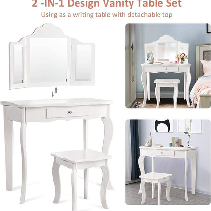 Kids Wooden Vanity Table & Stool Set - costzon