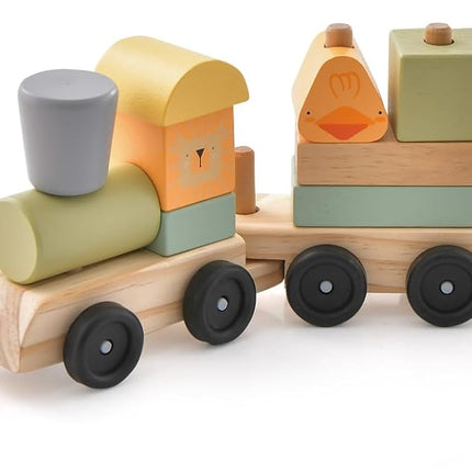 Costzon Wooden Train Set, 3-Section Towable Train Toys with Stackable Building Block, Cute Animal Patterns