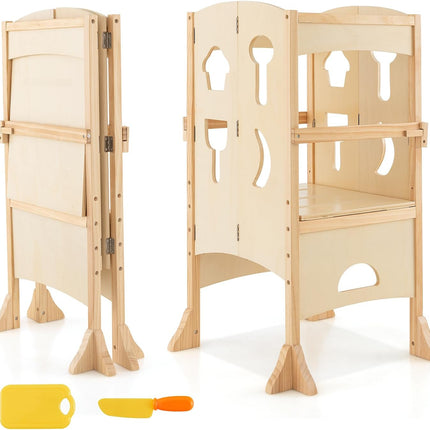 Costzon Kids Kitchen Step Stool w/Lockable Safety Rail, Folding Wooden Standing Stool