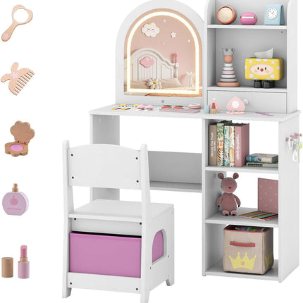 Costzon Wooden Kids Vanity Table and Chair Set with Mirror Hooks & Open Shelves