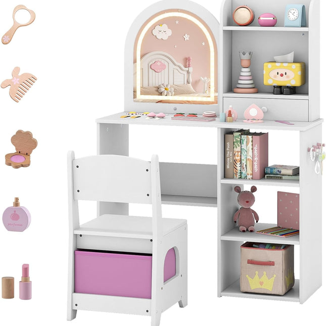 Costzon Wooden Kids Vanity Table and Chair Set with Mirror Hooks & Open Shelves