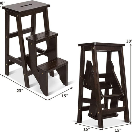 Folding Step Stool 3 Tier Wood Ladder, 3-in-1 Design with Ladder - costzon