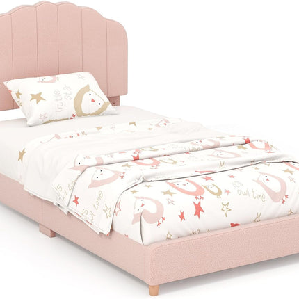 Costzon Twin Bed Frames with Adjustable Headboard, Upholstered Wooden Kids Bed w/Slats Support (Pink Shell)